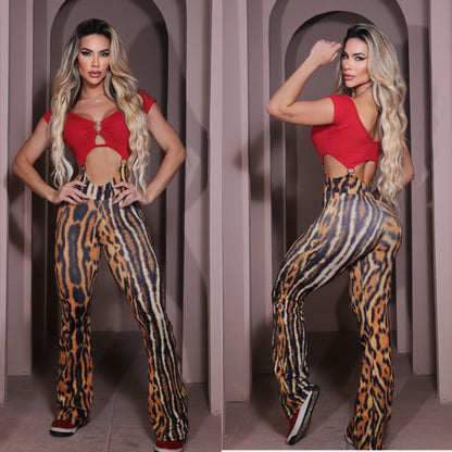 FLARE BROWN AND RED LEOPARD RINGS JUMPSUIT