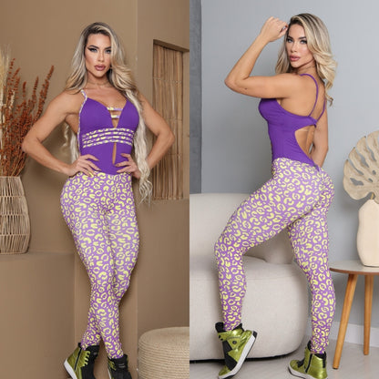 SCRUNCH BOOTY PURPLE PRINT AND FRONT DETAIL JUMPSUIT