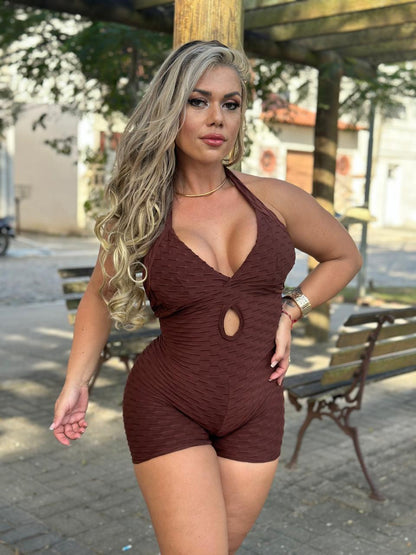 SCRUNCH BOOTY BROWN WAVE SEXY BACK SHORT JUMPSUIT