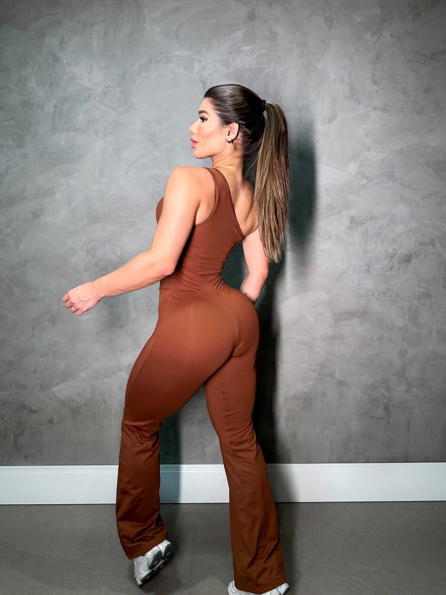 BROWN ONE SHOULDER FLARE JUMPSUIT