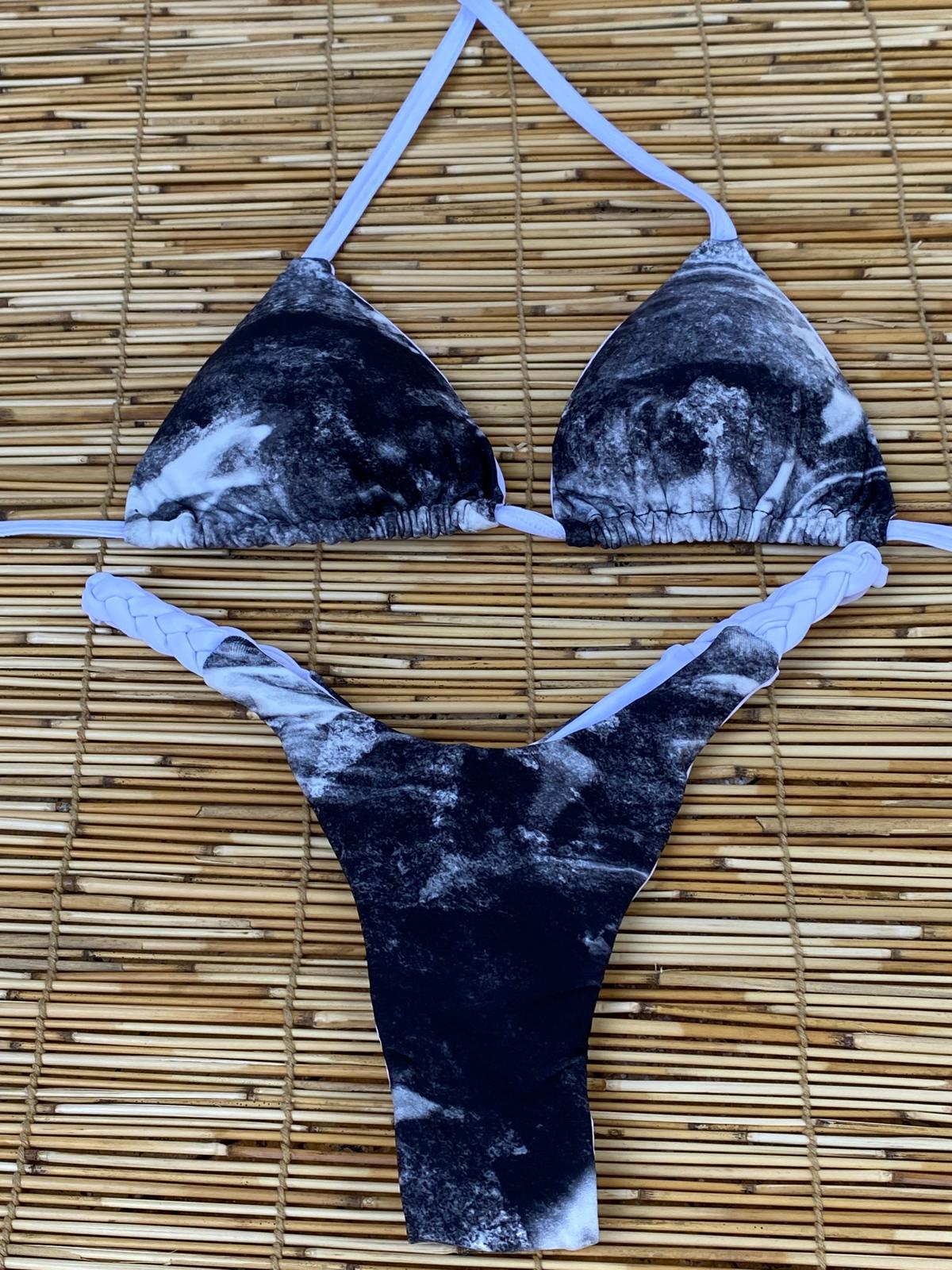 SCRUNCH BLACK AND WHITE TIE DYE THONG BIKINI - PROMO