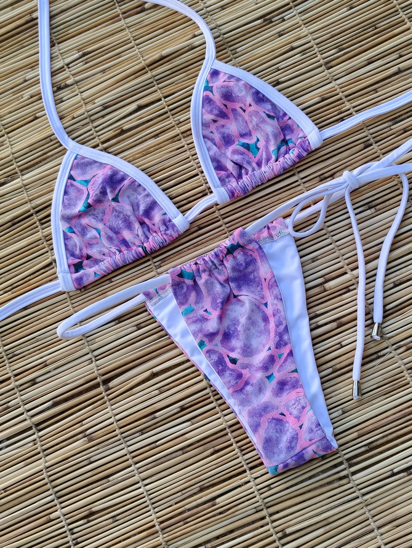 LILAC AND WHITE LACE THONG BIKINI - NO RETURN