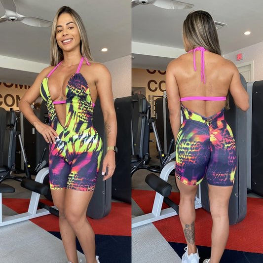 SCRUNCH BOOTY NEON PRINT AND PINK DETAIL SHORT JUMPSUIT