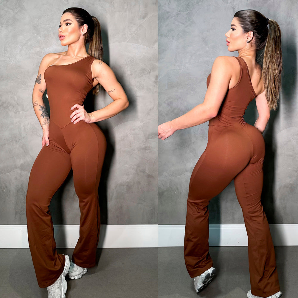 BROWN ONE SHOULDER FLARE JUMPSUIT