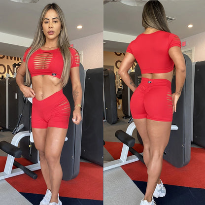 SCRUNCH BOOTY RED RIPPED SHORT SET - NO RETURN